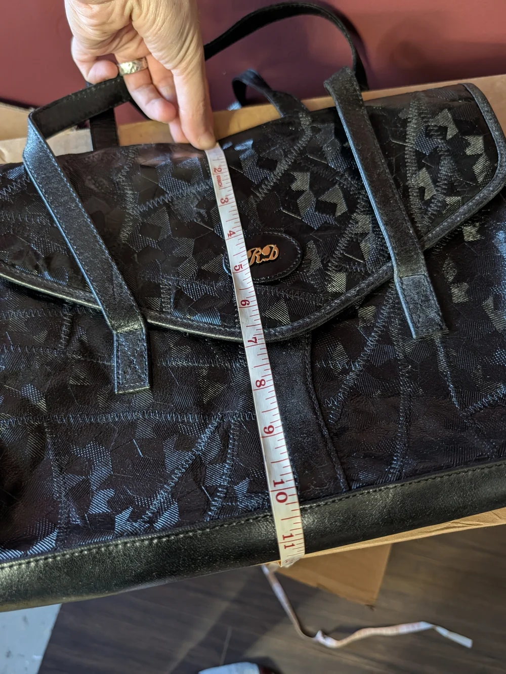 RECUERDO Vintage Black Leather Patchwork Satchel Gold Logo Flap Handbag